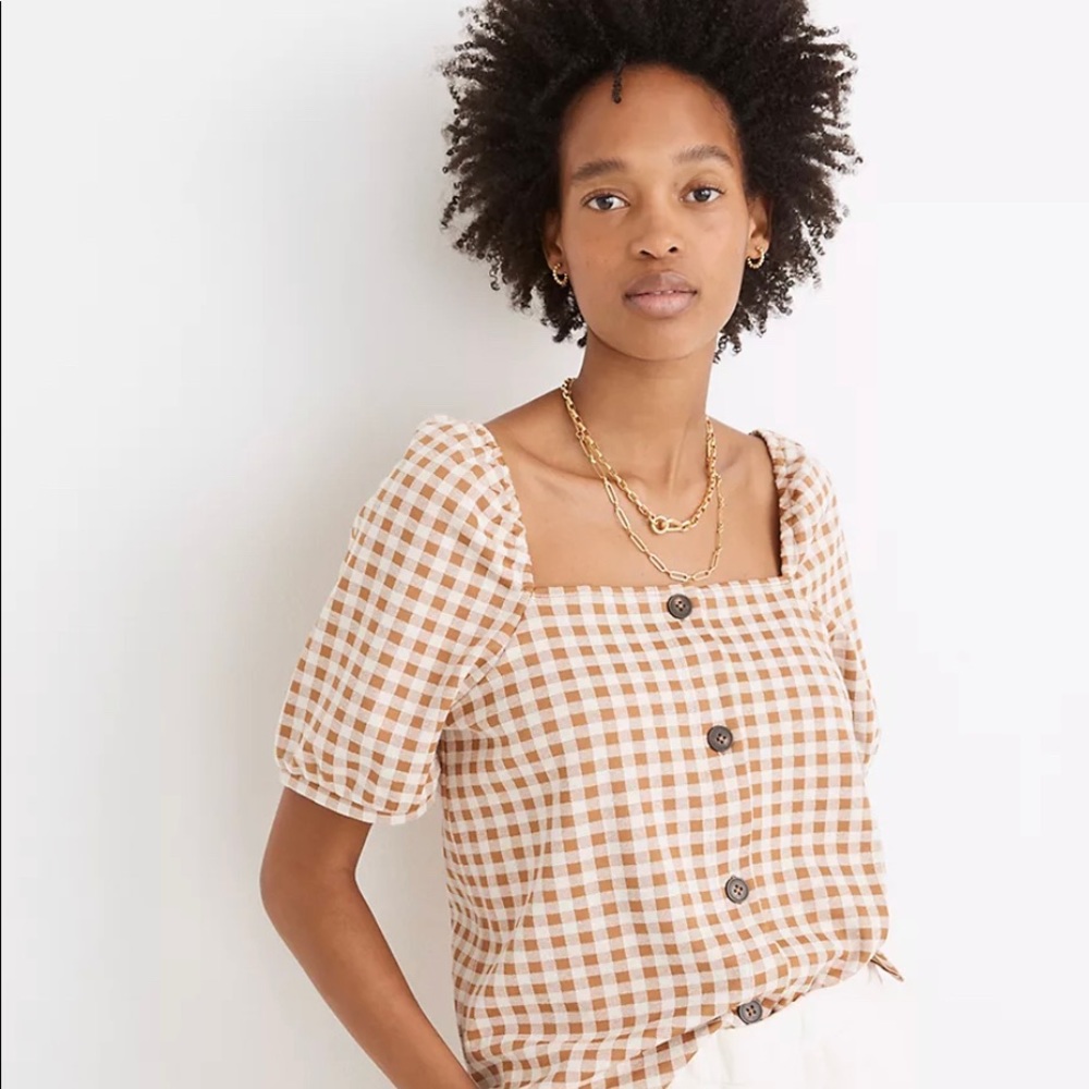 Madewell NWT Gingham Square-Neck Puff-Sleeve Top